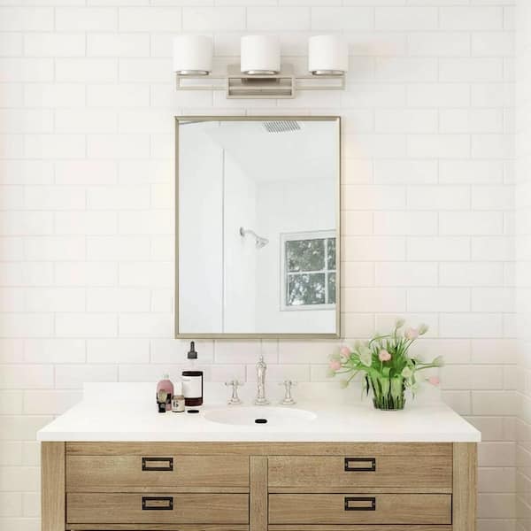 Hampton Bay Tustna 26 in. 3-Light Brushed Nickel Bathroom Vanity Light with Opal Glass Shades