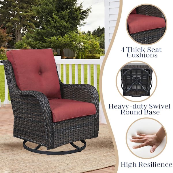 Brown 3-Piece Wicker Patio Conversation Deep Seating Set with Red Cushions All-Weather Swivel Rocking Chairs