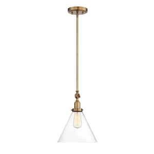 Drake 10 in. W x 10.25 in. H 1-Light Warm Brass Shaded Pendant Light with Clear Glass Shade