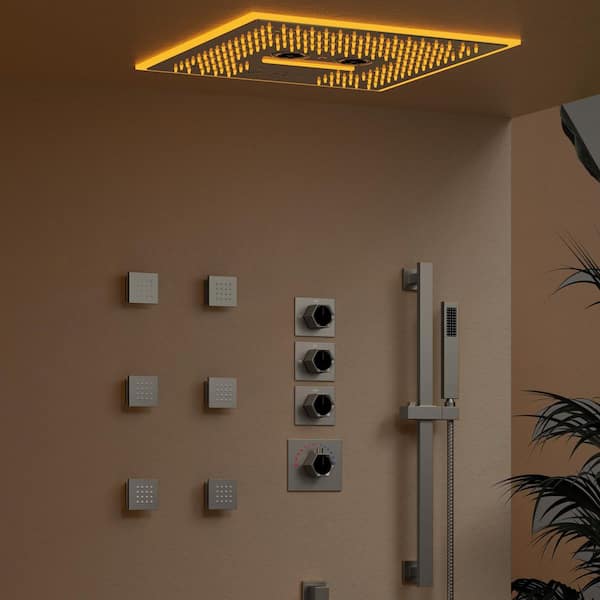 16 in. Square Aurora Shower System 17-Spray Dual Ceiling Mount Fixed and Handheld Shower Head 2.5 GPM in Brushed Nickel