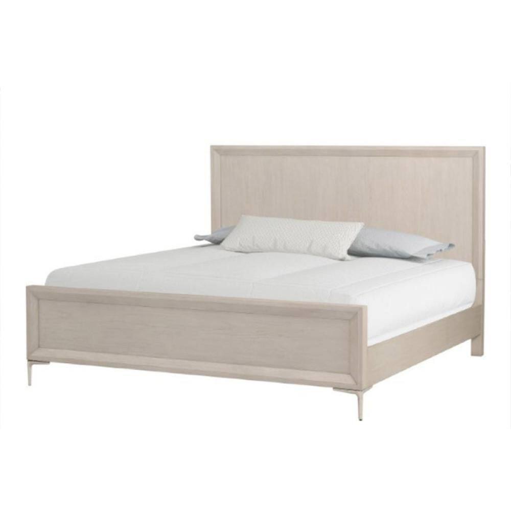Kaira Natural Oak Brown and Champagne White Wood Frame Queen Size Panel Bed with Metal Accents
