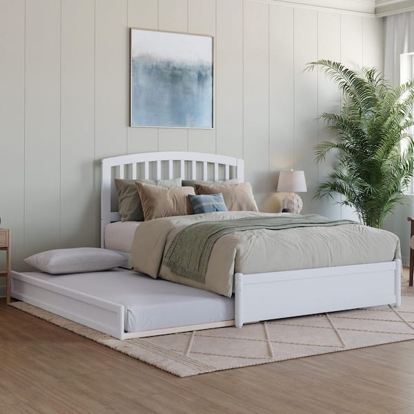 Lucia White Solid Wood Frame Full Platform Bed with Panel Footboard and Twin Trundle