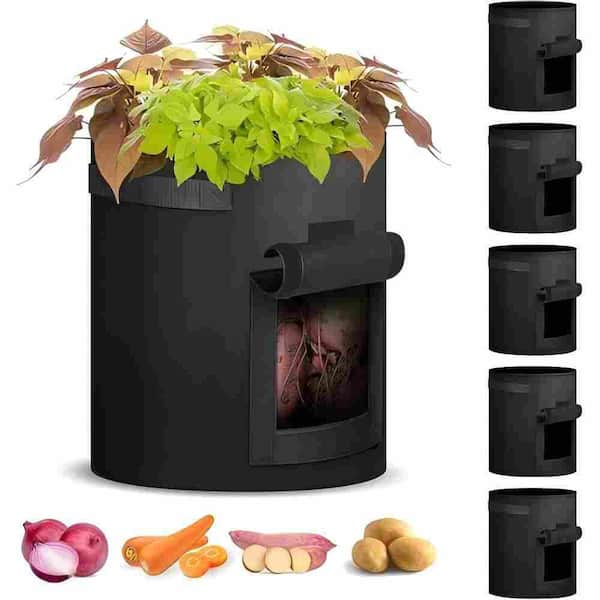 5-Pack 10-Gallon Access Flap and Visual Window Thickened Non-Woven Aeration Fabric Planter Grow Bags with Handle