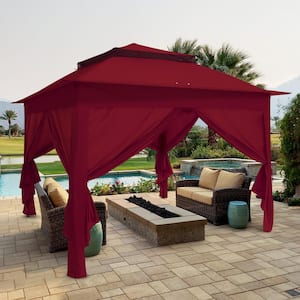 11 ft. x 11 ft. Red Portable Pop up 2-Tier Gazebo with 4 Sidewalls Outdoor Canopy Shelter with Carry Bag