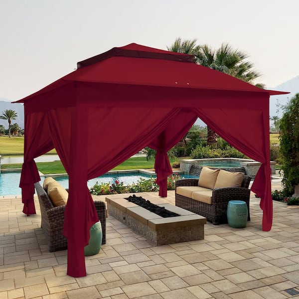 COOS BAY 11 ft. x 11 ft. Red Portable Pop up 2-Tier Gazebo with 4 Sidewalls Outdoor Canopy Shelter with Carry Bag