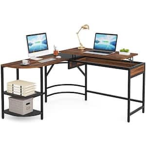 Perry 59 in. L-Shaped Brown Wood Computer Desk with Lift Top and Storage Shelves