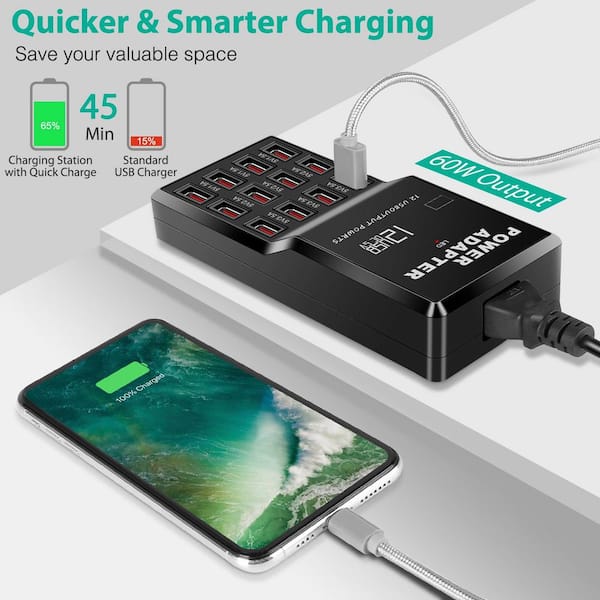 Etokfoks Black 60W Fast Charge Multi 12 Port USB Charging Station Hub  MLSX03LT084 - The Home Depot