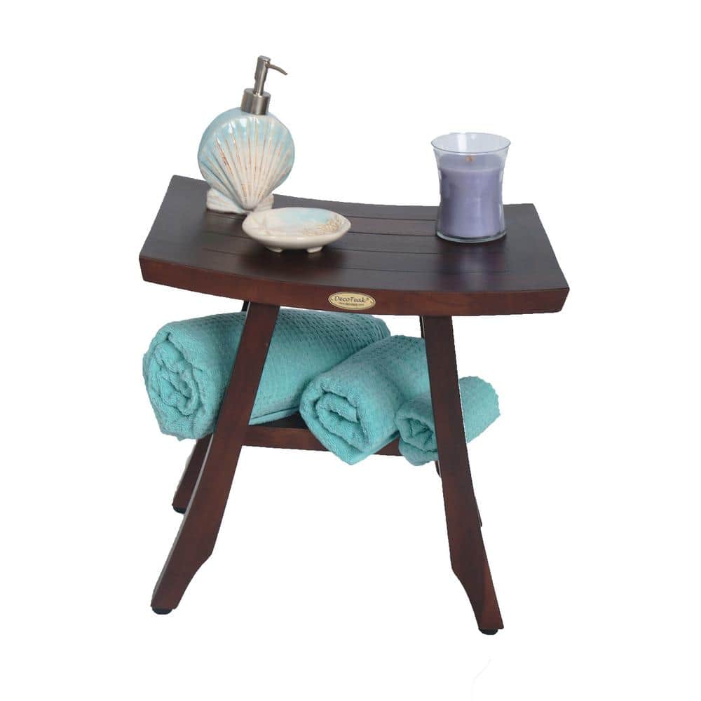 Compact Woodland Brown Teak Shower Bench with Adjustable Foot Levelers