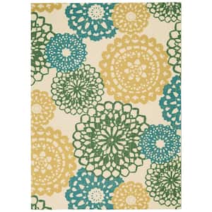 Sun N Shade Ivory/Gold 5 ft. x 8 ft. Floral Geometric Contemporary Indoor/Outdoor Area Rug