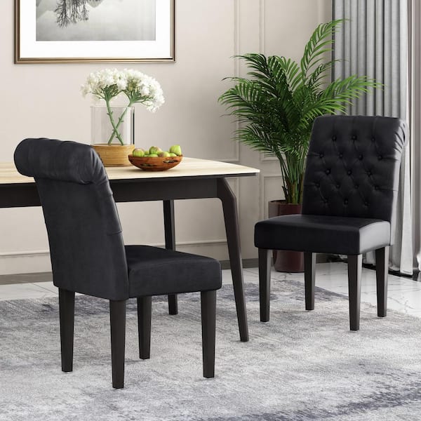 Unbranded Black PU Leather Wood Outdoor Dining Chairs with Cushions, Set of 2