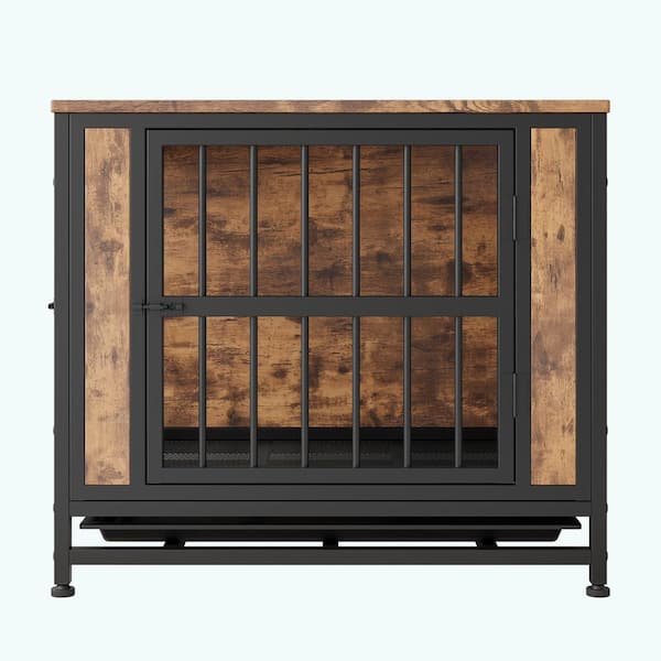 Tunearary 28 in. Outdoor Solid Wood Dual-Door Dog House, Wooden End Table, with 2 Sliding Doors and Thick Iron Door Frame