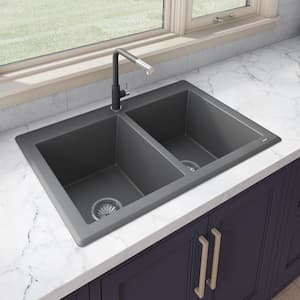 33 in. Urban Gray Double Bowl Dual-Mount Granite Composite Kitchen Sink