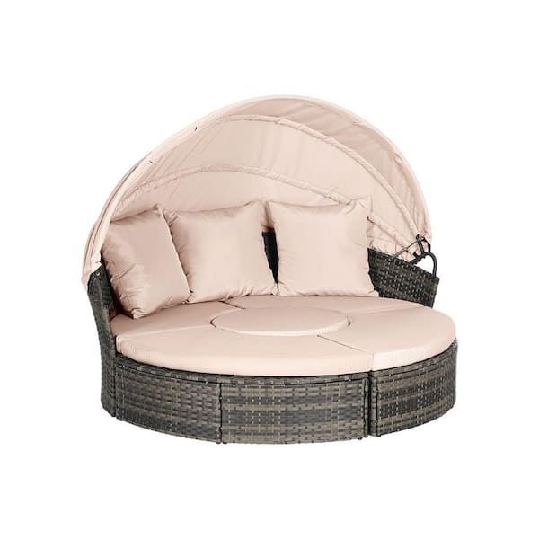 Sudzendf 5-Pieces Gray Wicker Outdoor Patio Day Bed with Beige Cushions and Canopy