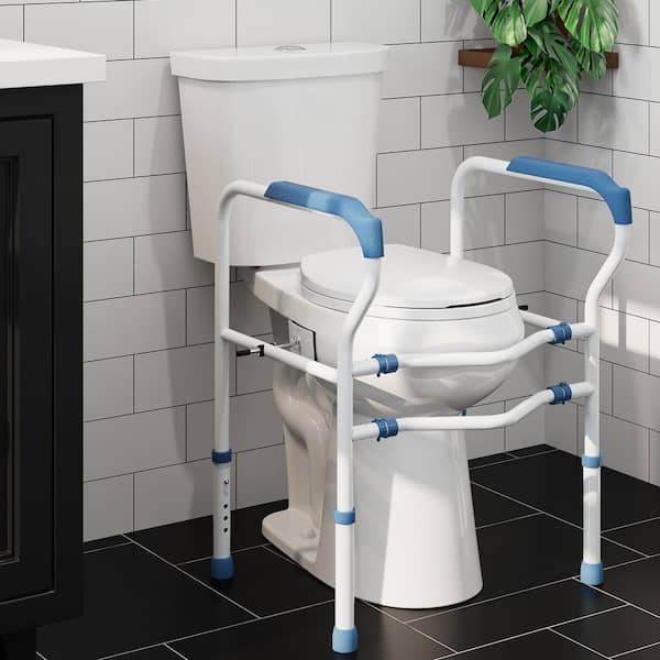 21 in. Extra Tall 2-Piece 1.1/1.6 GPF Dual Flush Round Toilet in White Seat Included with Toilet Safety Rail