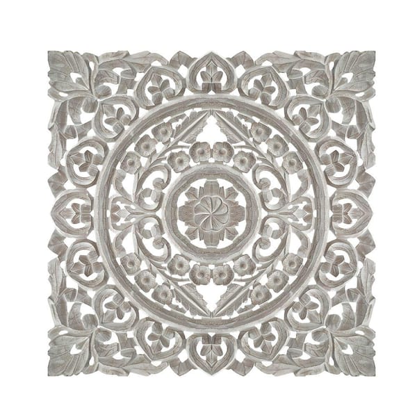 The Urban Port Distressed White Square Shape Wooden Wall Panel with Traditional Carvings