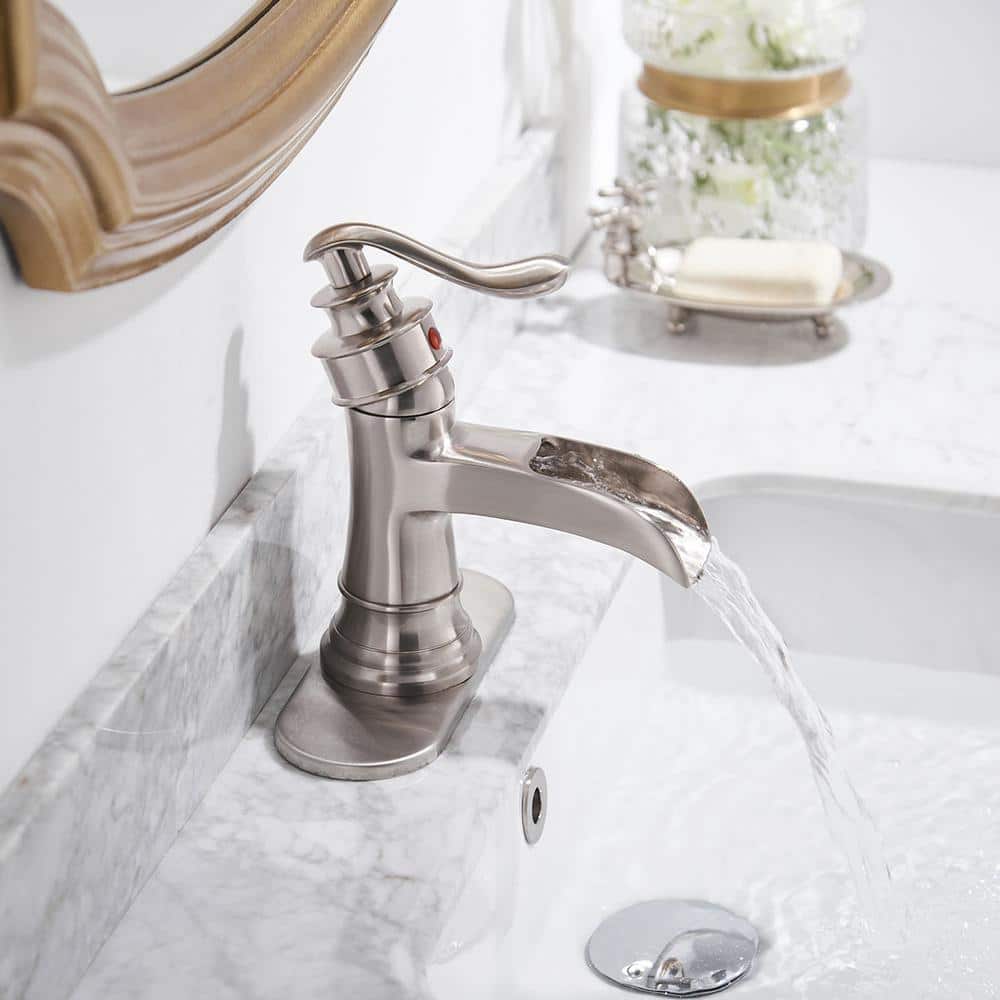 Brushed Nickel Waterfall Single-Handle Bathroom Faucet with Drain Assembly