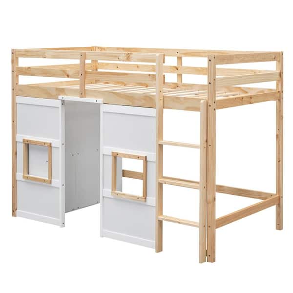 Polibi Wood Twin Size Loft Bed with Built-in Storage Wardrobe and 2 Windows, Natural/White