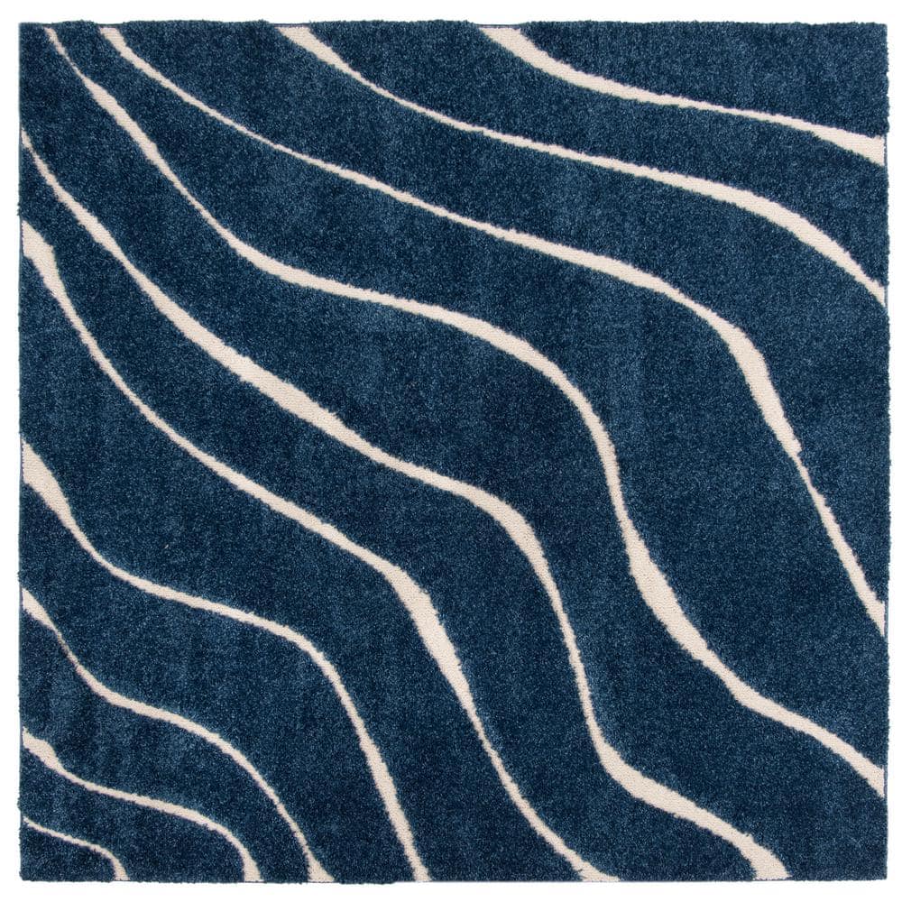 Dark Blue and Cream Square Shag Area Rug