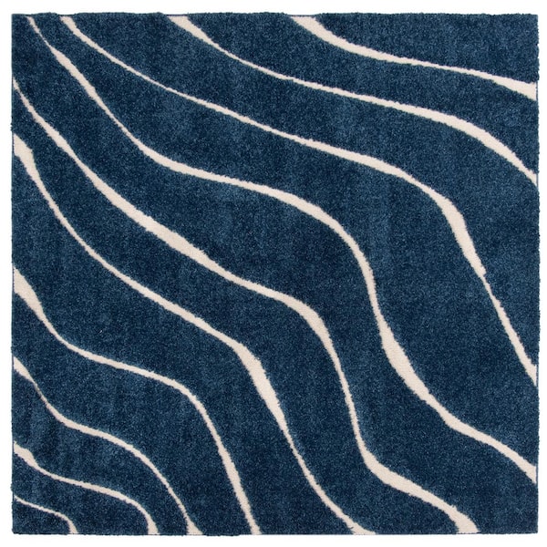 SAFAVIEH Florida Shag Dark Blue/Cream 7 ft. x 7 ft. Square Solid Area Rug