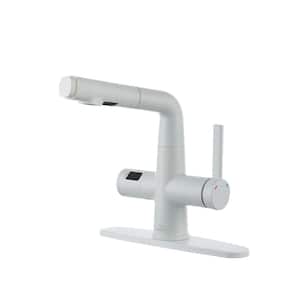 Digital Display Single Handle Single Hole Bathroom Basin Faucet with Dual Function Pull Out Sprayer head in Matte White