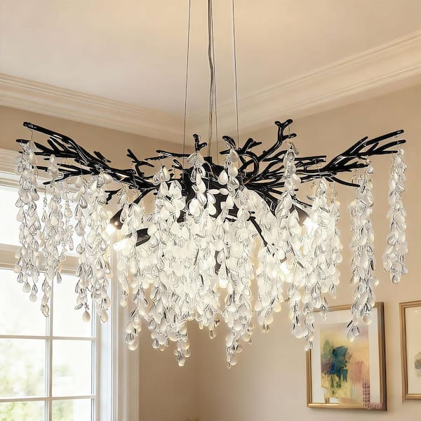 32 in. 10-Light Black Tree Branch Crystal Chandelier Round Chandelier for Living Room Bedroom Dining Room Kitchen Island