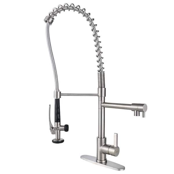 WOWOW Single Handle Deck Mount Gooseneck Pull Out Sprayer Kitchen Faucet with Supply Lines Included in Brushed Nickel