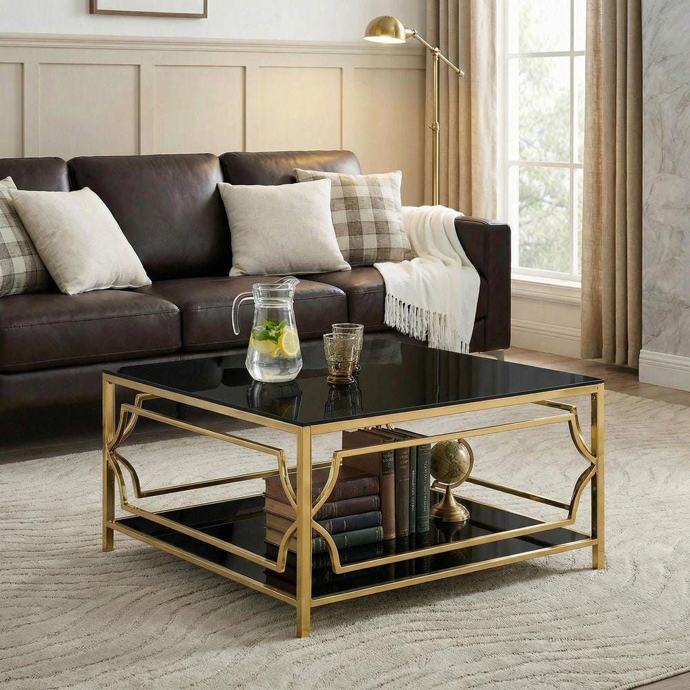 Qualler 33.5 in. Black Square Glass Coffee Table with Gold Finish