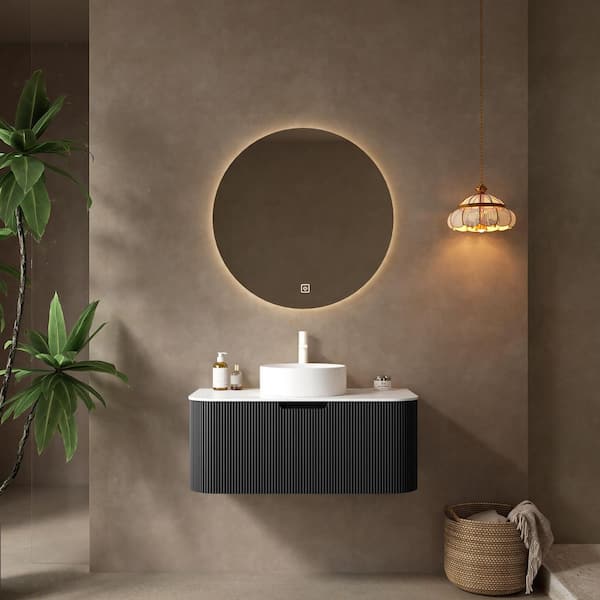 36 in. Single Sink Wall-Mounted Black Bath Vanity with White Engineered Marble Top Assembled