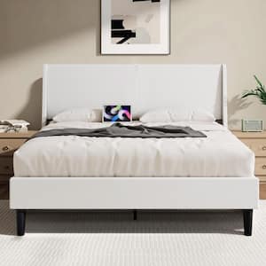 Upholstered Bed Frame with Headboard and Wingback White Queen Size Bed Frame Platform Bed with USB and Type-C Ports