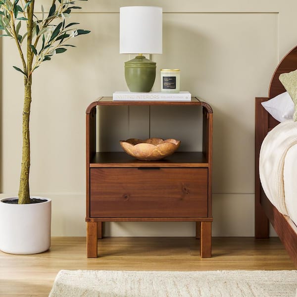 Walker Edison Furniture Company Brown 1-Drawer Solid Wood Modern Rounded 19 in. W Nightstand, Set of 2