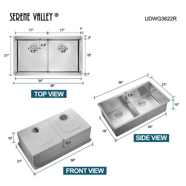 SERENE VALLEY Stainless Steel 33 in. Double Bowl Undermount Kitchen Sink,  Thin Divider and Heavy-Duty Grids UDG3322R - The Home Depot