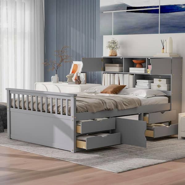 Gray Wood Frame Full Size Platform Bed with 4 Drawers, Storage Bookcases and Shelves