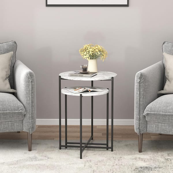 Spaco 18.8 in. White Faux Marble Round Wood Nesting End Table with 2-Pieces