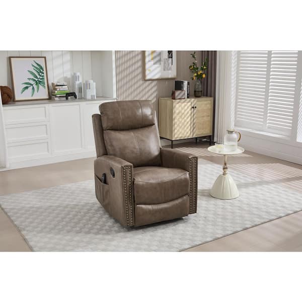 Yasmine Camel Brown Upholstered Genuine Leather Swivel Rocker Manual Recliner Chair with Lumbar Heat and Massage