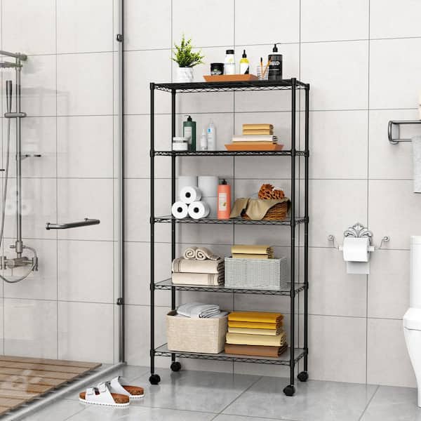 5-Shelf Heavy Duty Wire Shelving Unit, Black Adjustable Steel Storage Rack with Wheels for Garage Kitchen Office