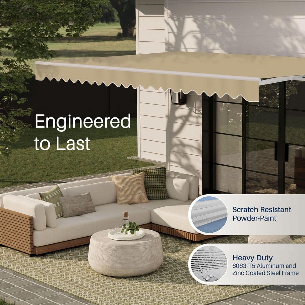 Sand Motorized Retractable Patio Awning with White Frame