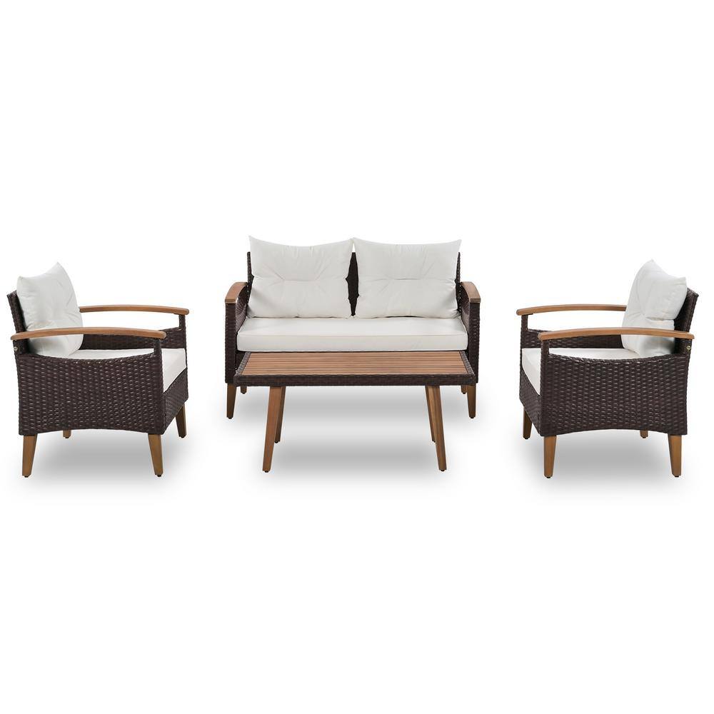 Brown 4-Pieces Wicker Outdoor Sectional Set with Beige Cushions, Wood Table