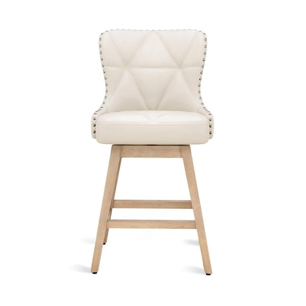 Zola 26 in. Ivory Wood Frame Faux Leather Upholstered Swivel Bar Stool with Nailhead Trim(Set of 4)