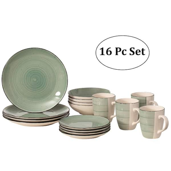 Quickway Imports 16 Piece Green Spin Wash Dinnerware Dish Set for 4 Person Mugs Salad and Dinner Plates and Bowls Sets QI004502.GN The Home Depot