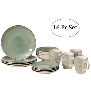 16-Piece Green Spin Wash Dinnerware Dish Set for 4 Person Mugs, Salad and Dinner Plates and Bowls Sets