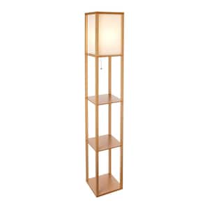 Maxwell 63 in. Natural Wood Traditional 1-Light LED Energy Efficient 3-Shelf Floor Lamp with White Fabric Square Shade