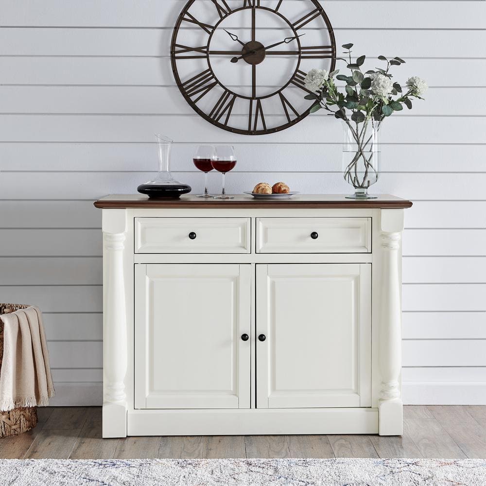 Elegant Distressed White Carved Sideboard with Adjustable Shelves