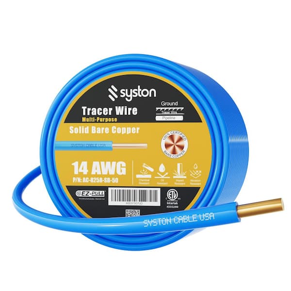 100 ft. Blue 14 AWG 600-Volt Solid Bare Copper Tracer Wire Direct Burial Locating Underground Gas, Water, Sewer Pipes