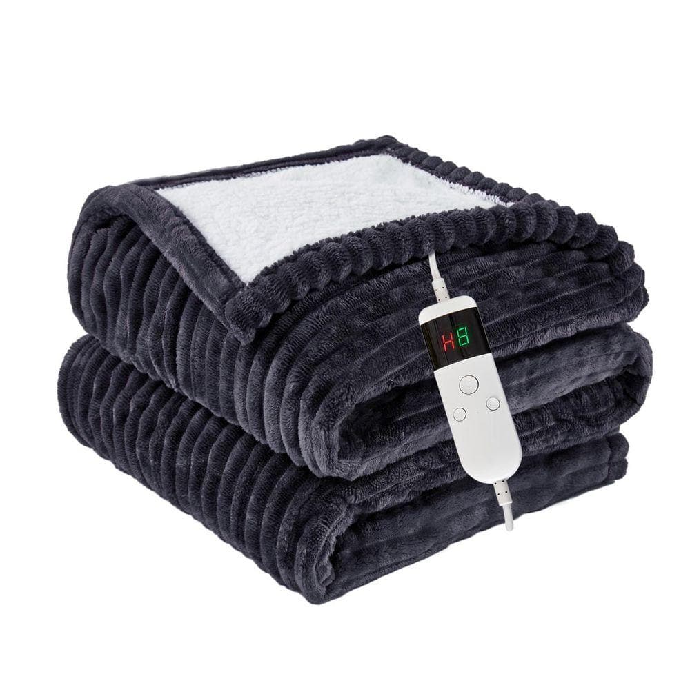 Grey Cozy Flannel Sherpa Heated Throw Blanket with 10 Heat Levels