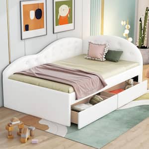 Wood Frame Twin Size Leather Tufted Platform Bed, Daybed with 2-Drawers and Cloud Shaped Guardrail, White