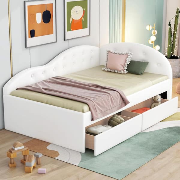 Polibi Wood Frame Twin Size Leather Tufted Platform Bed, Daybed with 2-Drawers and Cloud Shaped Guardrail, White