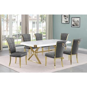 Miguel 7-Piece Rectangle White Wood Top Gold Stainless Steel Dining Set with 6 Dark Grey Velvet Chairs