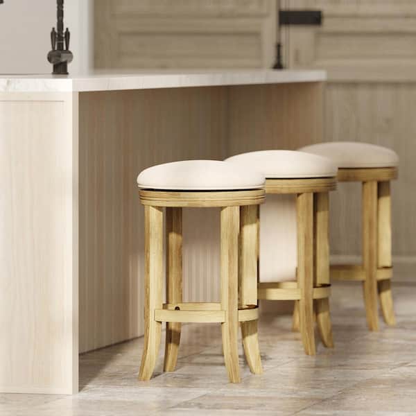 Mapelra 26 in. H Natural Backless Wood Frame Counter Height Swivel Bar Stool with Cream Upholstered Seat (1-Pack)