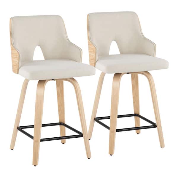 Lumisource Stella 24 in. Cream Fabric, Natural Wood and Black Metal Fixed-Height Counter Stool with Square Footrest (Set of 2)