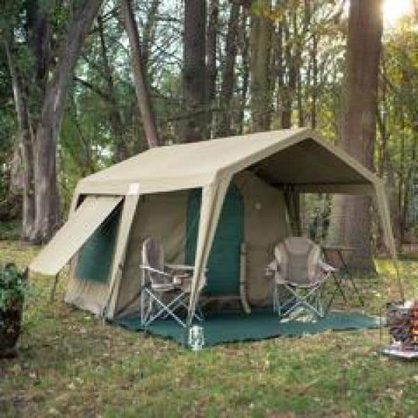 All-Season Beige Canvas 4-Person Tent with Steel Frame and PVC Floor